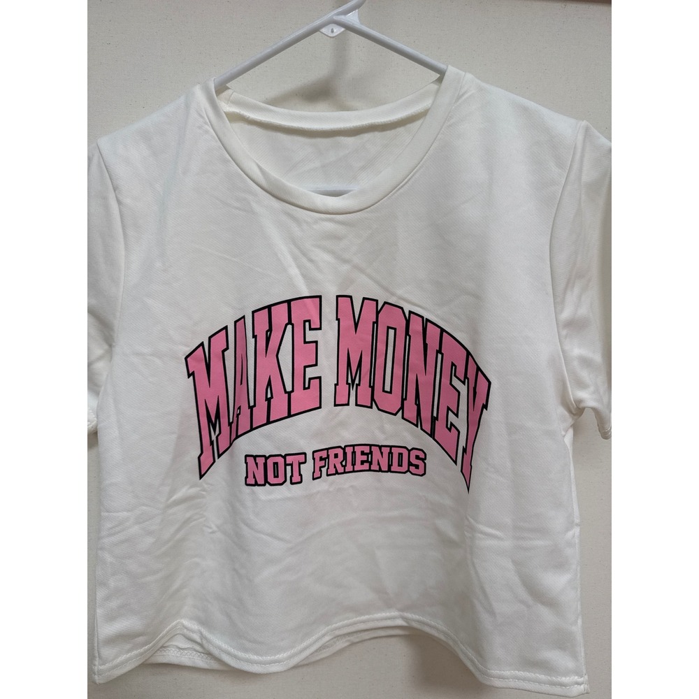 Make Money Not Friends Graphic Crop Top White Pink Collegiate Tee L/XL